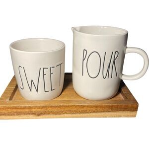 Rae Dunn Cream Mug and Sugar Container on Wooden Tray